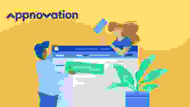 An illustration of two individuals interacting with the Contentful app, with a potted plant in the foreground and Appnovation written in the top left corner. 