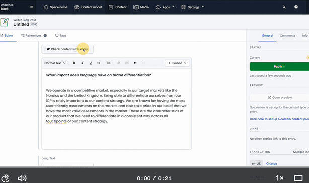 When you check your content with the Writer app, you can get writing and style suggestions without leaving the Contentful editor.
