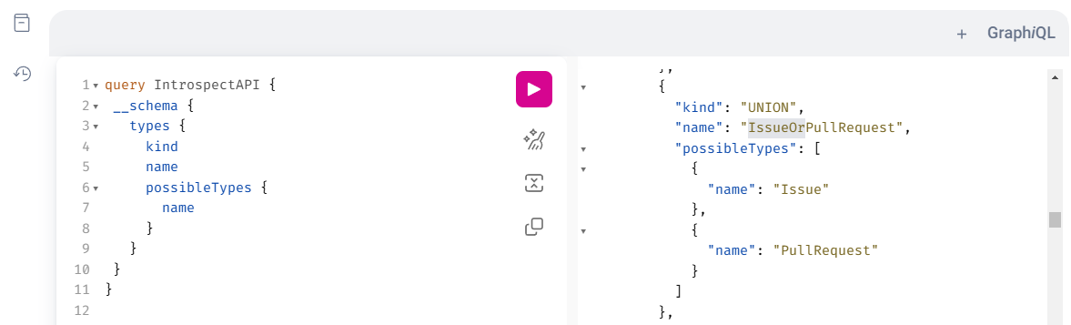 Running the introspection query on the GitHub GraphQL API