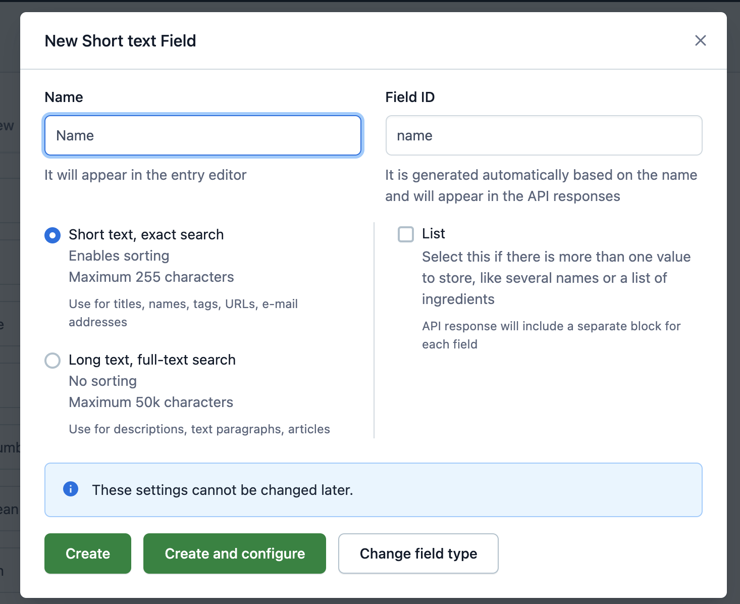 Showing name settings in contentful