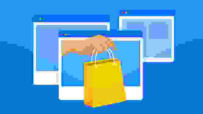 Illustration of a hand holding a shopping bag in a window for an eccomerce website