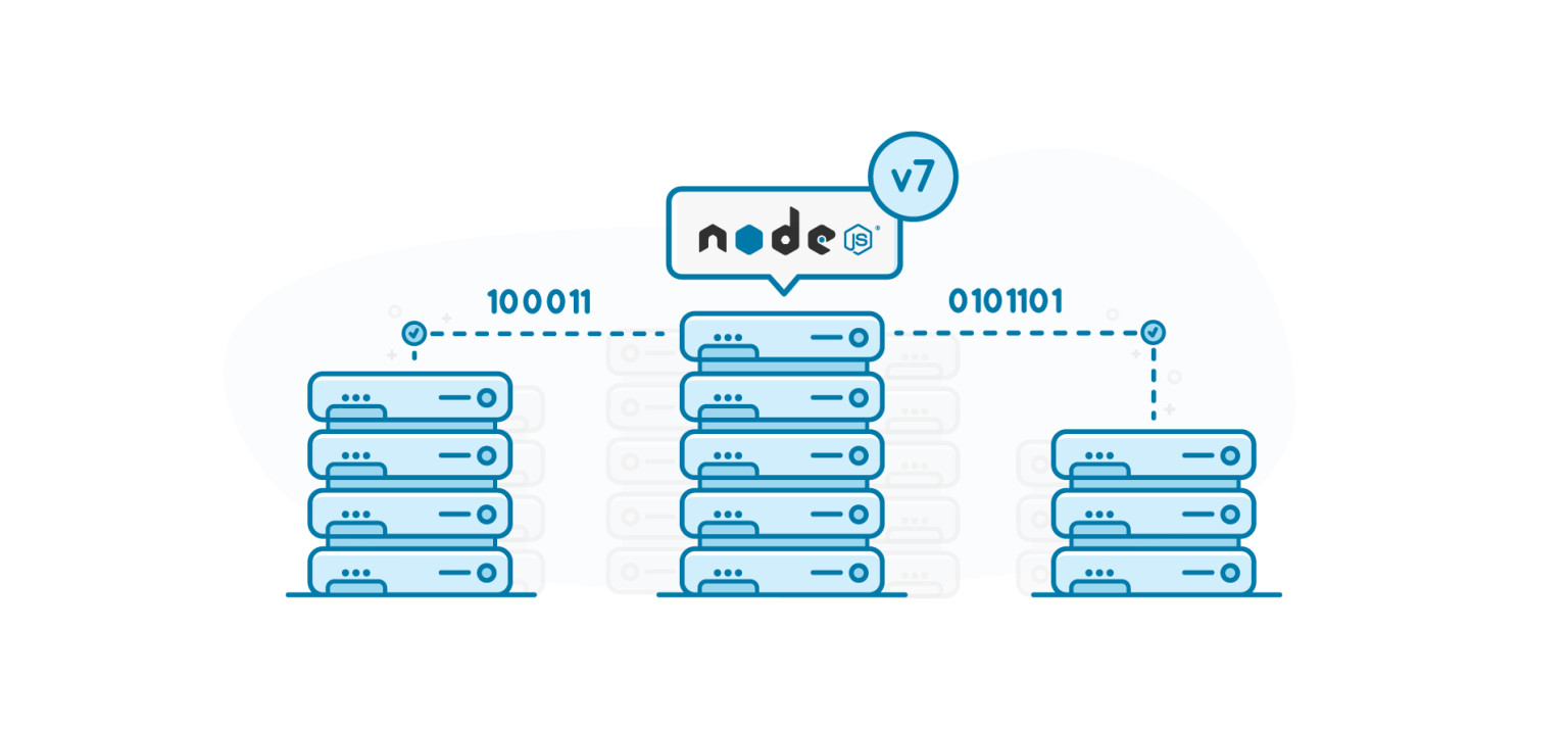 Node.js logo on top of several servers