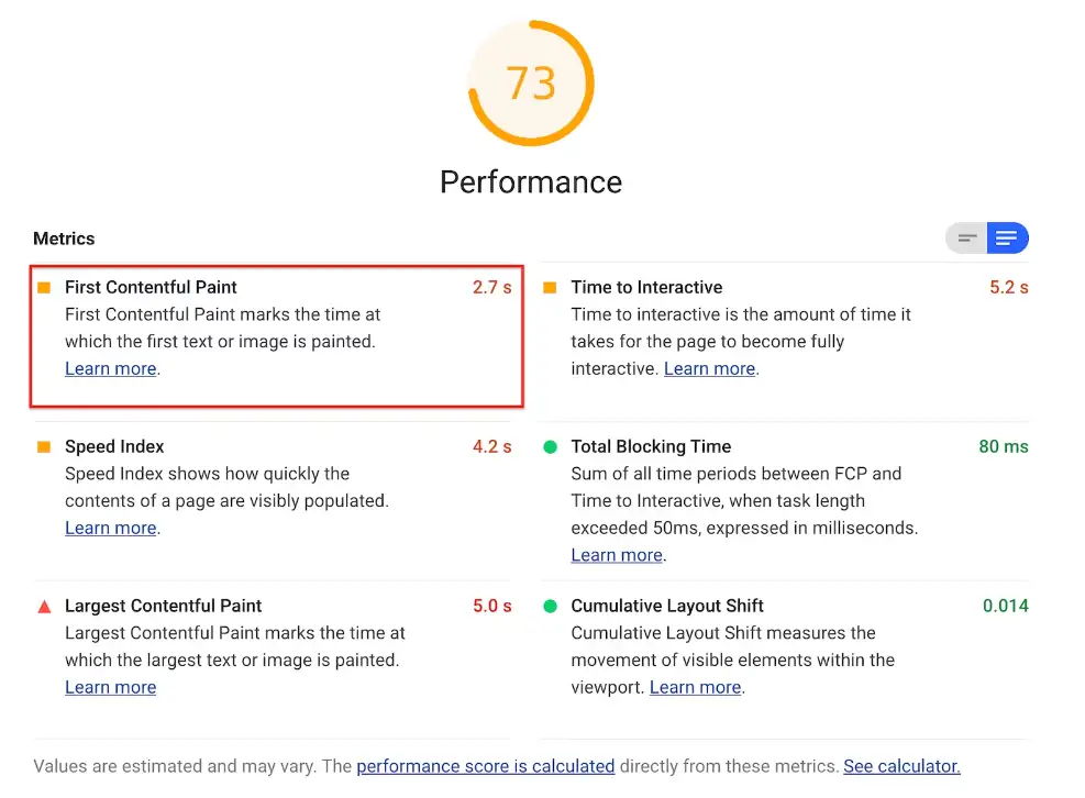 Screenshot of Google's page speed performance scoring with First Contentful Paint highlighted