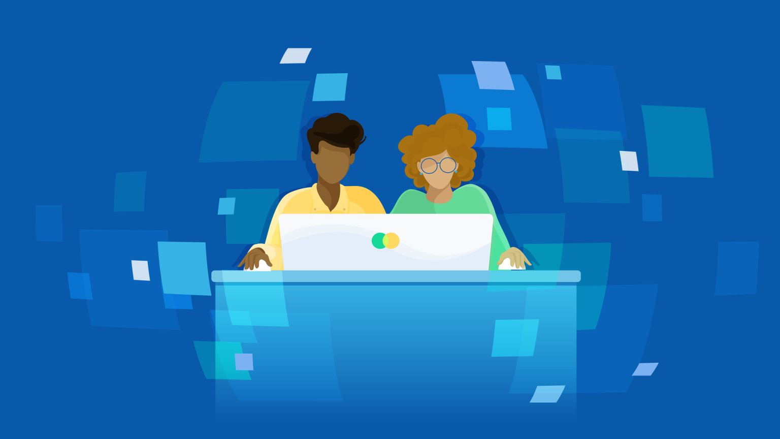 An illustration of two people sitting at a computer, each holding a mouse