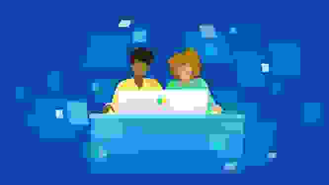 An illustration of two people sitting at a computer, each holding a mouse