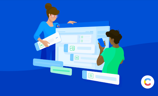 Illustration of two individuals building in the Contentful web app