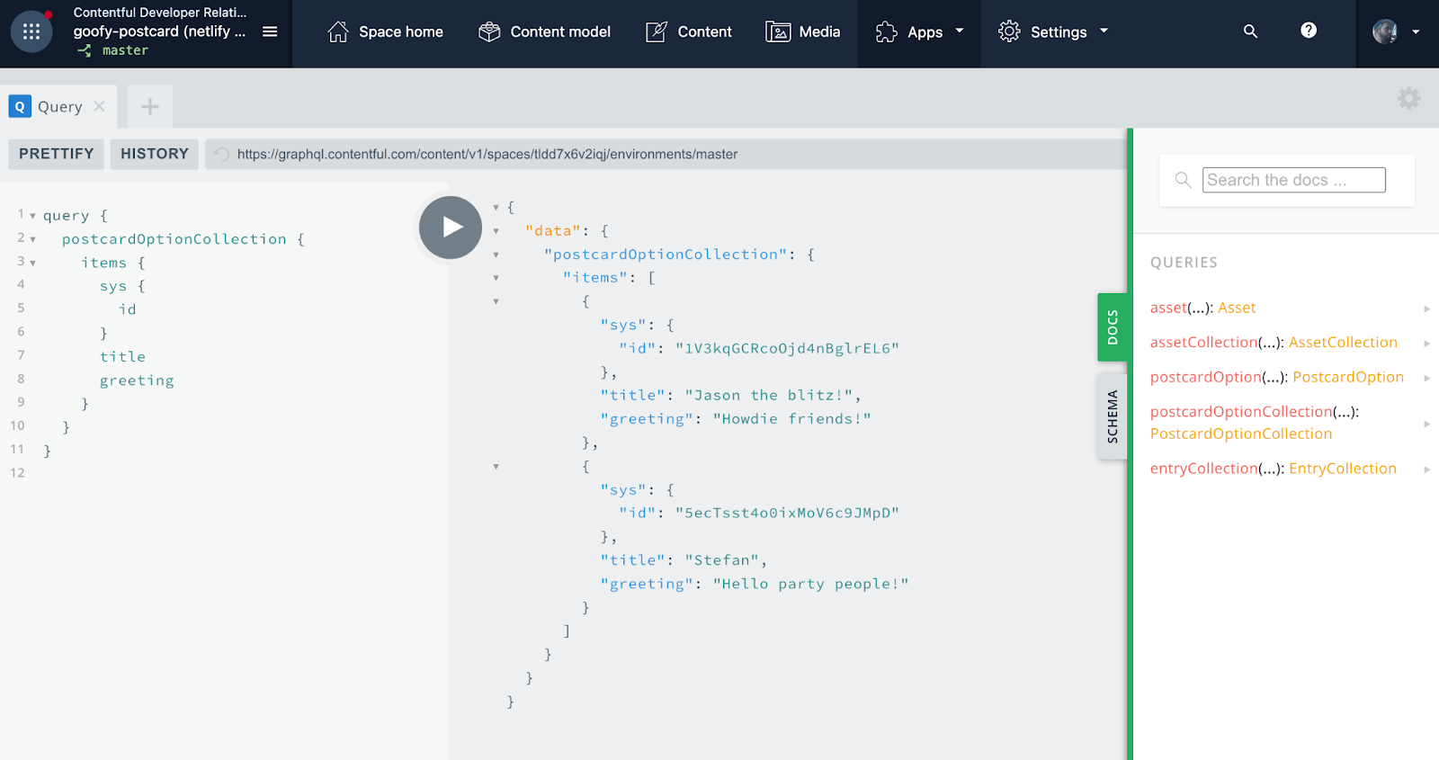 With GraphiQL or the GraphQL playground, you'll see the power of GraphQL in action. To write your query, you can either open the documentation on the right side of the explorer to see what data is available or write your queries using the query auto-completion. 
