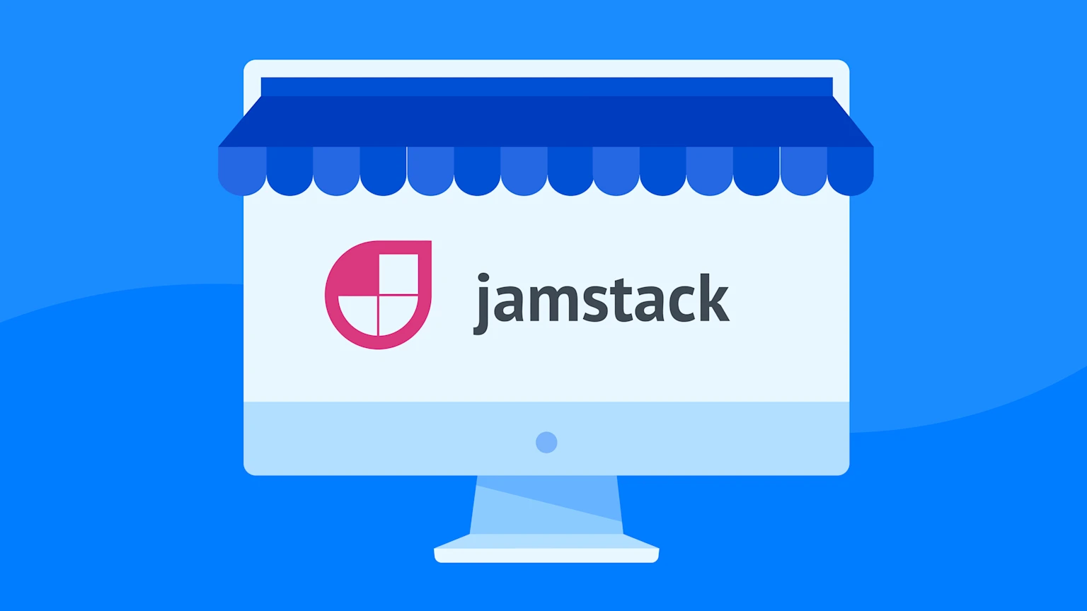 Illustration of a screen, with Jamstack written on it, implying that Jamstack of Next.js, Contentful and Shopify is the future of ecommerce
