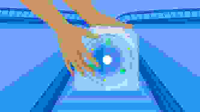 Illustrated image of hands putting a box on a conveyor belt, representing a digital factory