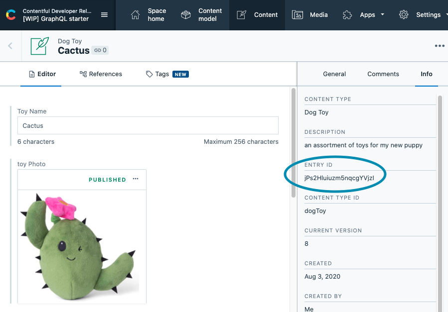 I can find the ID required for the query in the Contentful entry ID of the `dogToy` entry for `Cactus`, a succulent-shaped item for my puppy.