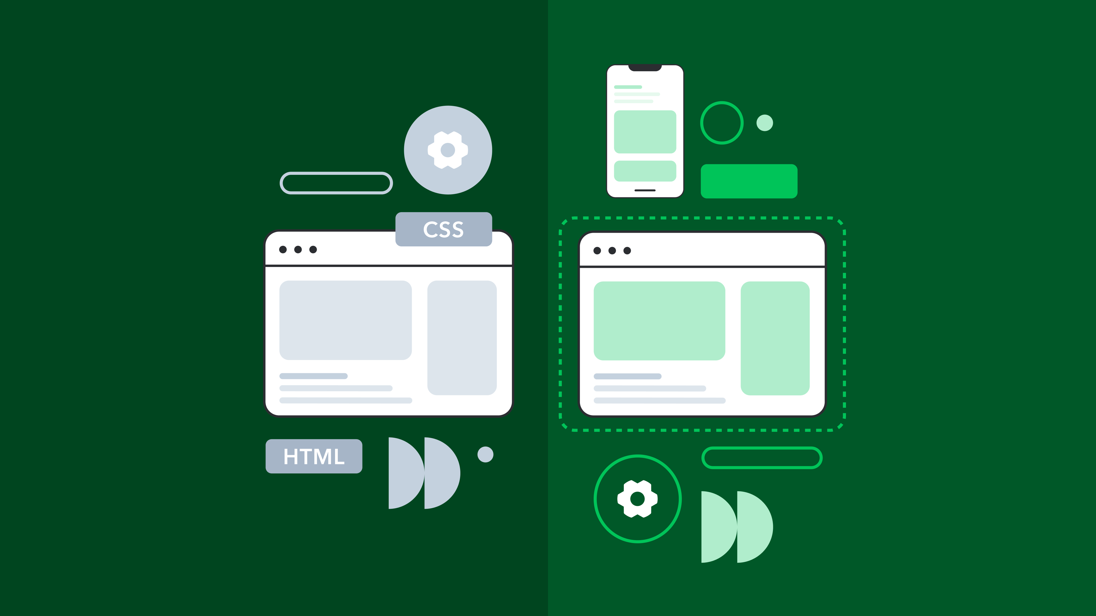 Illustration showing web development concept with HTML and CSS labels, browser windows, and gear icons on dark green background