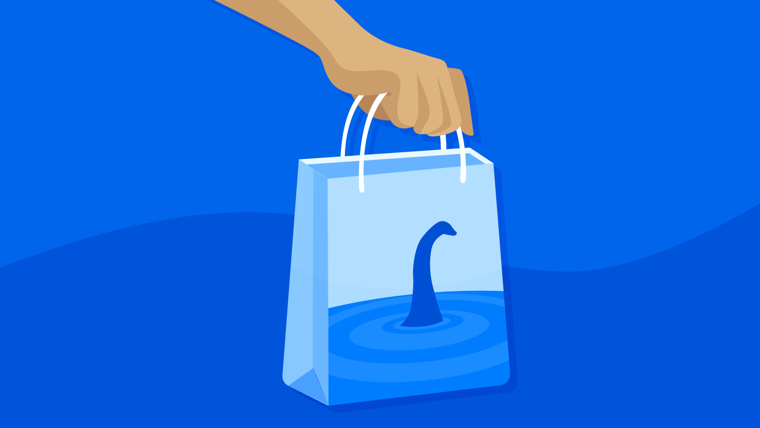 Illustration of a person holding a shopping bag with the lochness monster drawn on it, symbolozing ecommerce myths