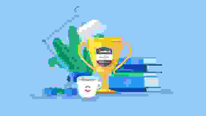 An illustration of a trophy with Proddy written on it sitting among a stack of books, a Contentful branded mug, a plant and a desk lamp. 