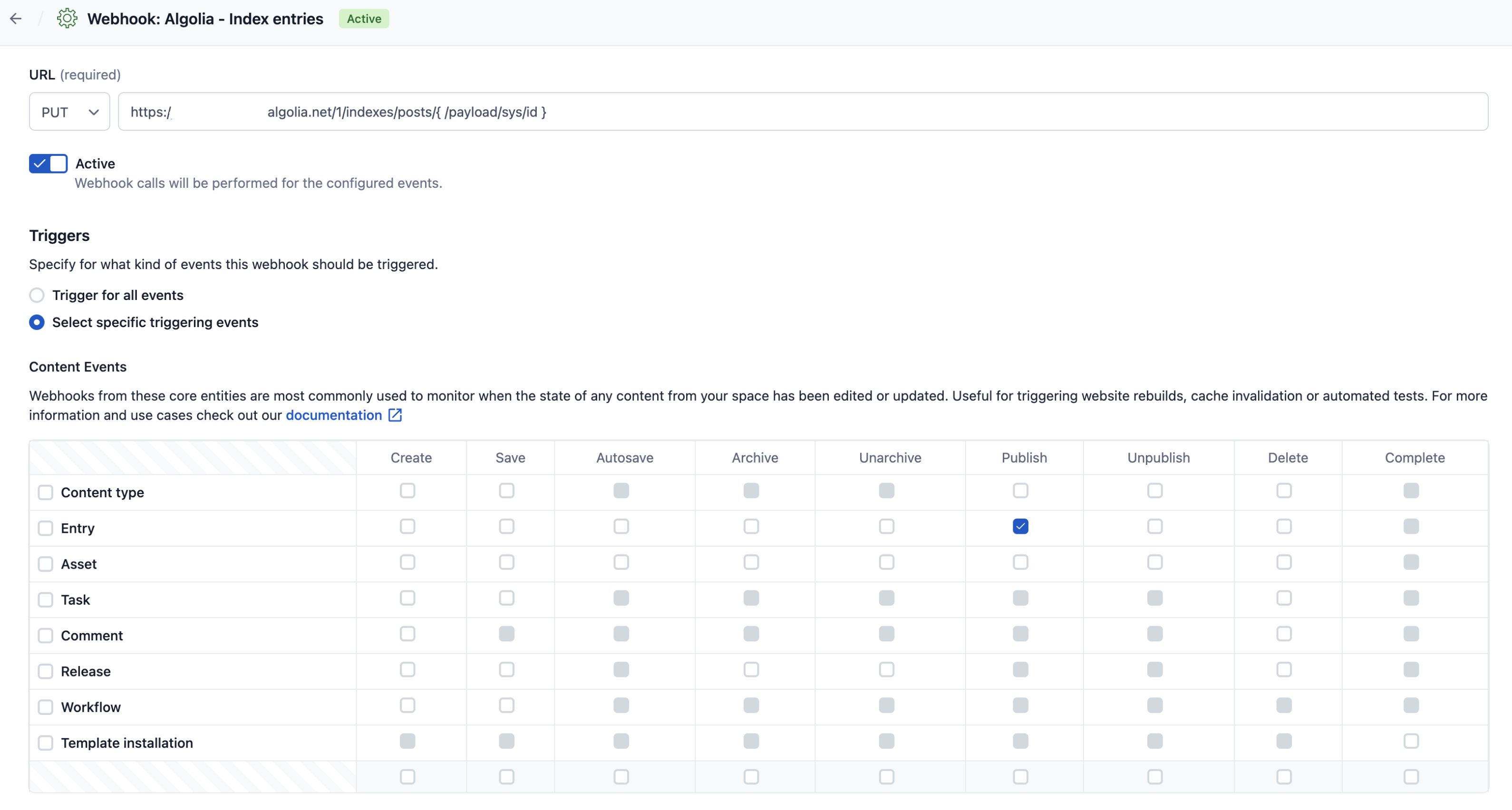 Screenshot Contentful webhook base config
