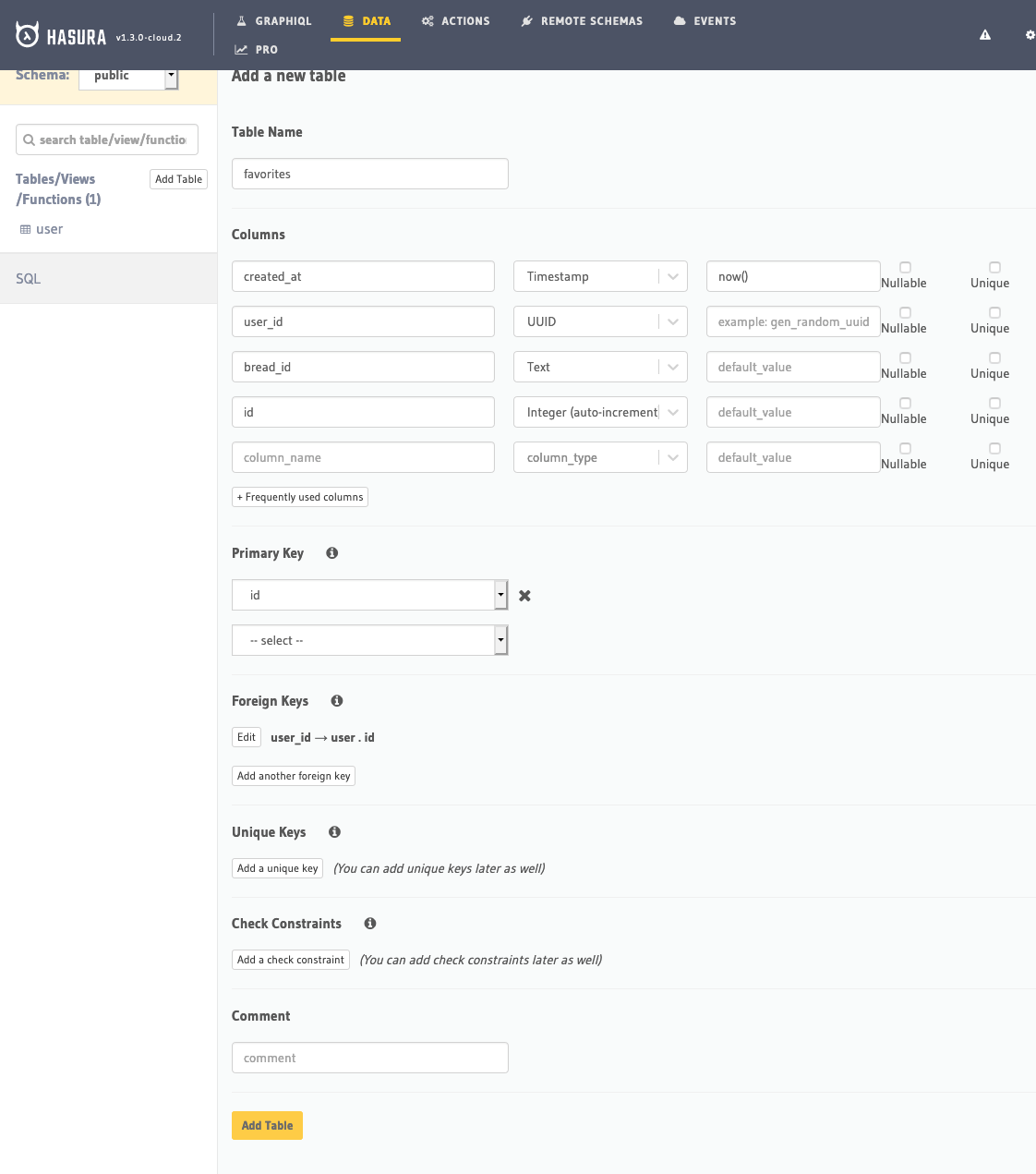 Add a new table to in Hasura