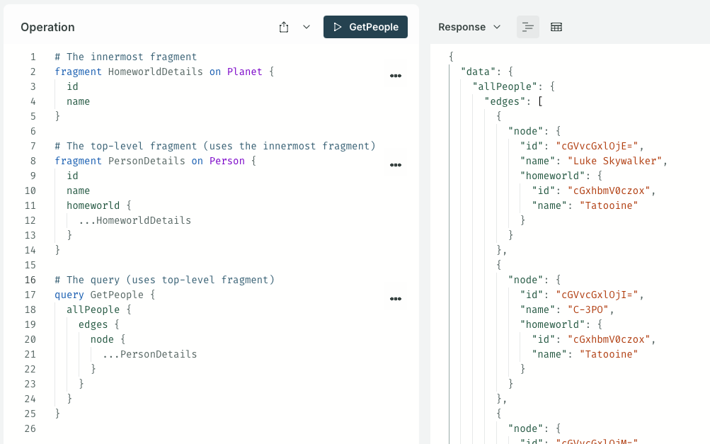 Querying Star Wars characters using nested GraphQL fragments