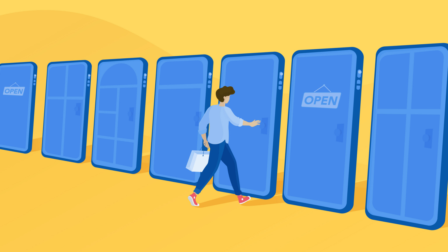 An illustrated graphic of a person opening the door in a mobile device while holding a shopping bag, signifying the importance of a digital experience in mobile ecommerce