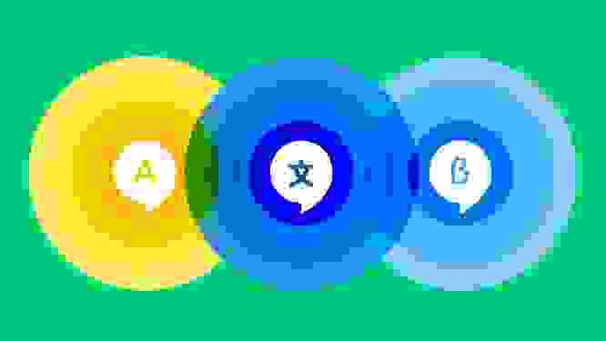 Illustration of a three fold venn diagram, with three different languages in them, representing managing multilingual content.