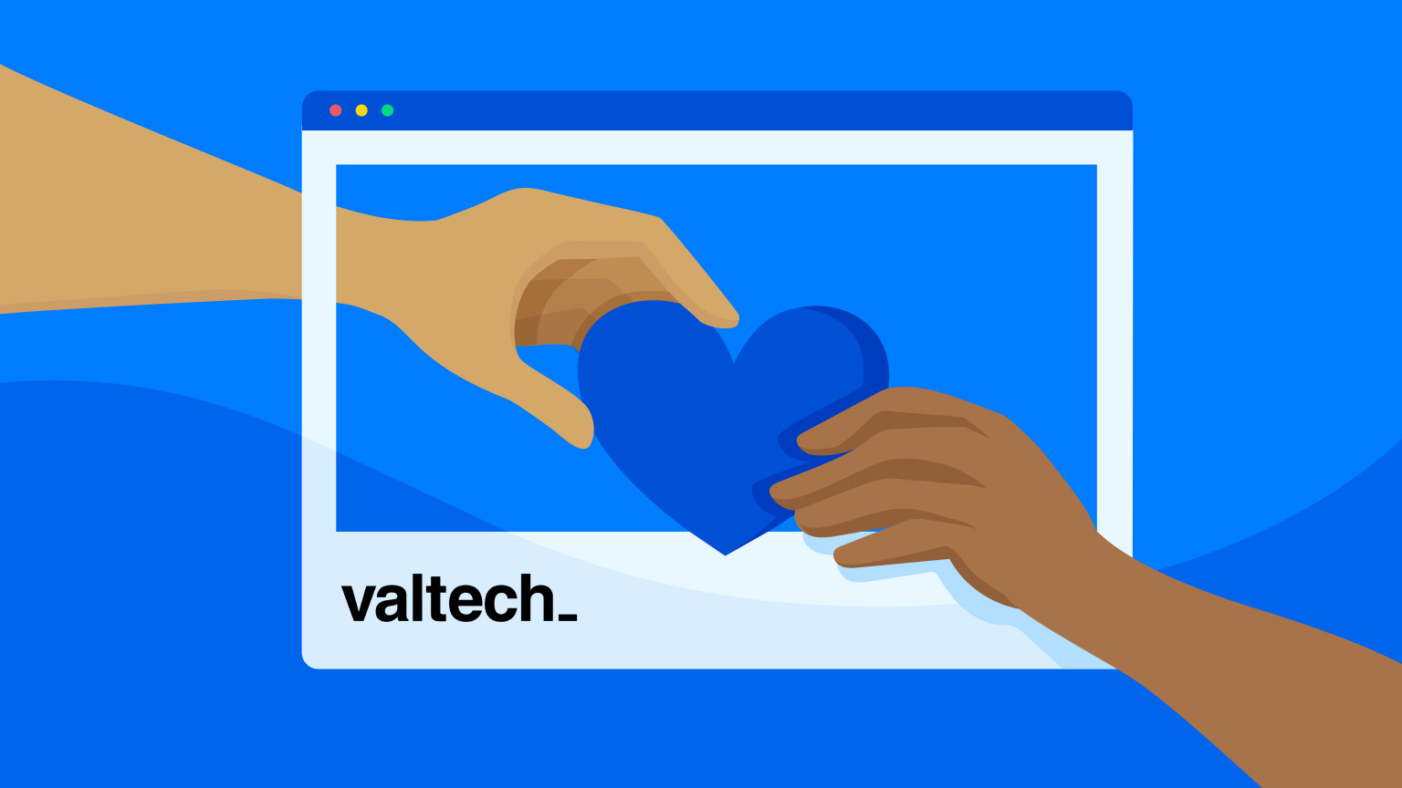 Illustration of two hands holding a heart in a pop up window with Valtech written on it