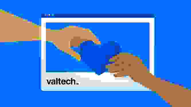 Illustration of two hands holding a heart in a pop up window with Valtech written on it