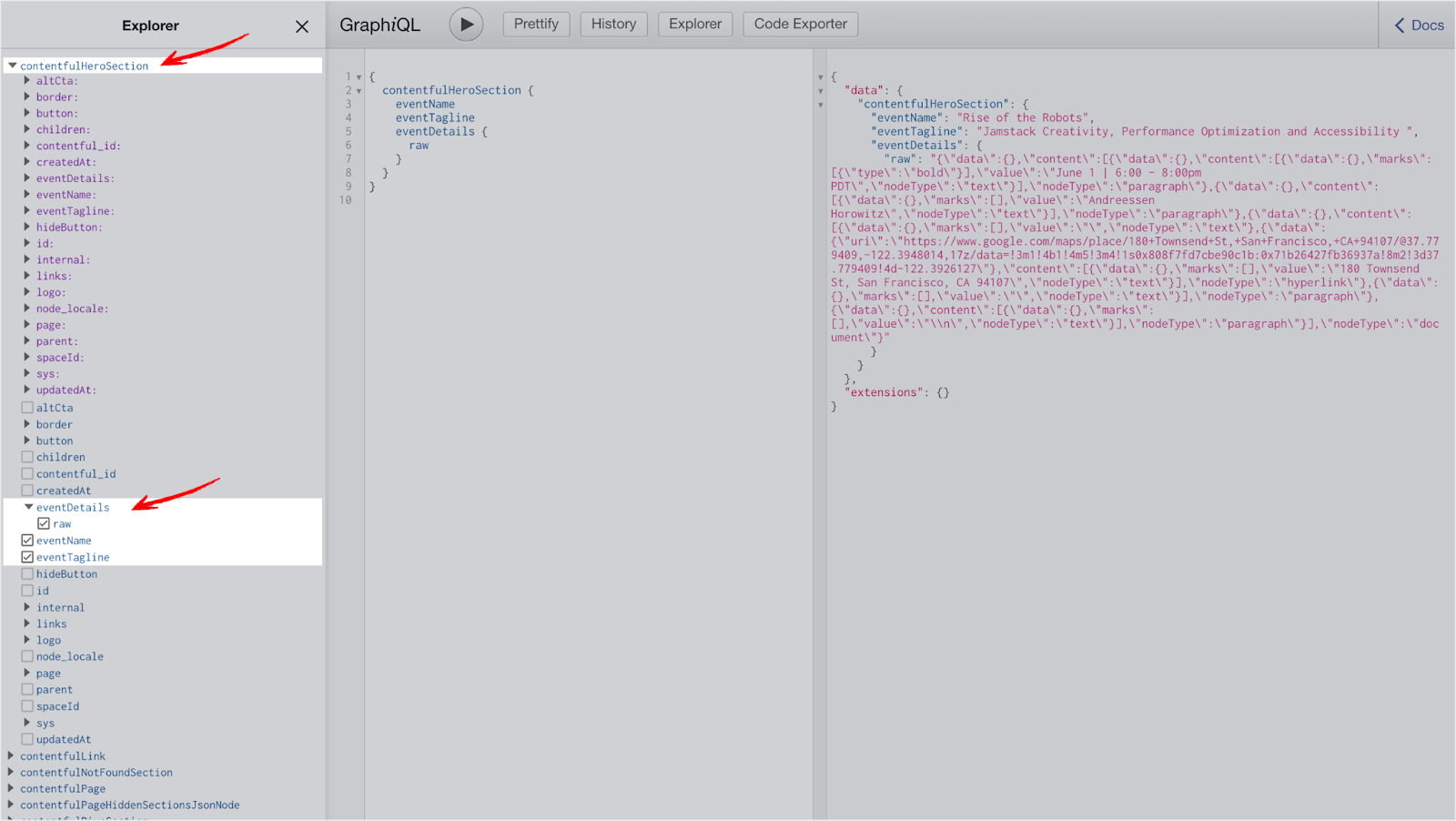Image of GraphiQL wit selected data fields