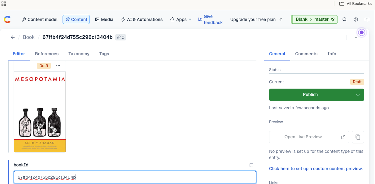 Now go to the Content tab and click to add a new entry under book. 