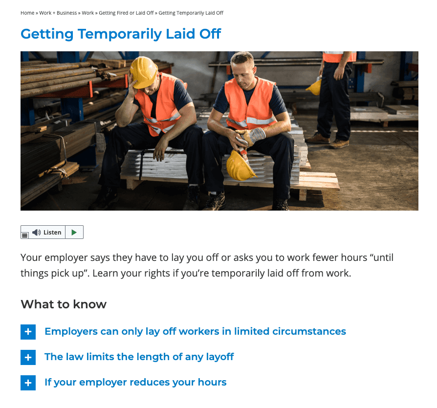 Screenshot of website for getting temporarily laid off: Content is identical in both the chatbot and the website — it’s just reformatted.

