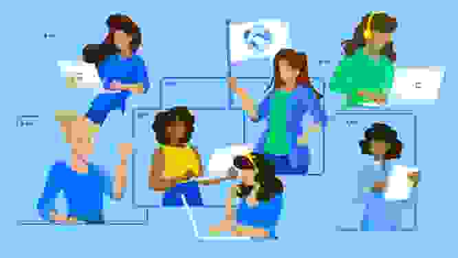 Illustrated graphic of women working on their latops, holding flags and speaking in front of an audience