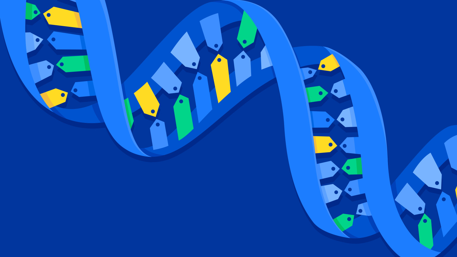 An illustration of a DNA spiral made up of tags, representing tags and permissions