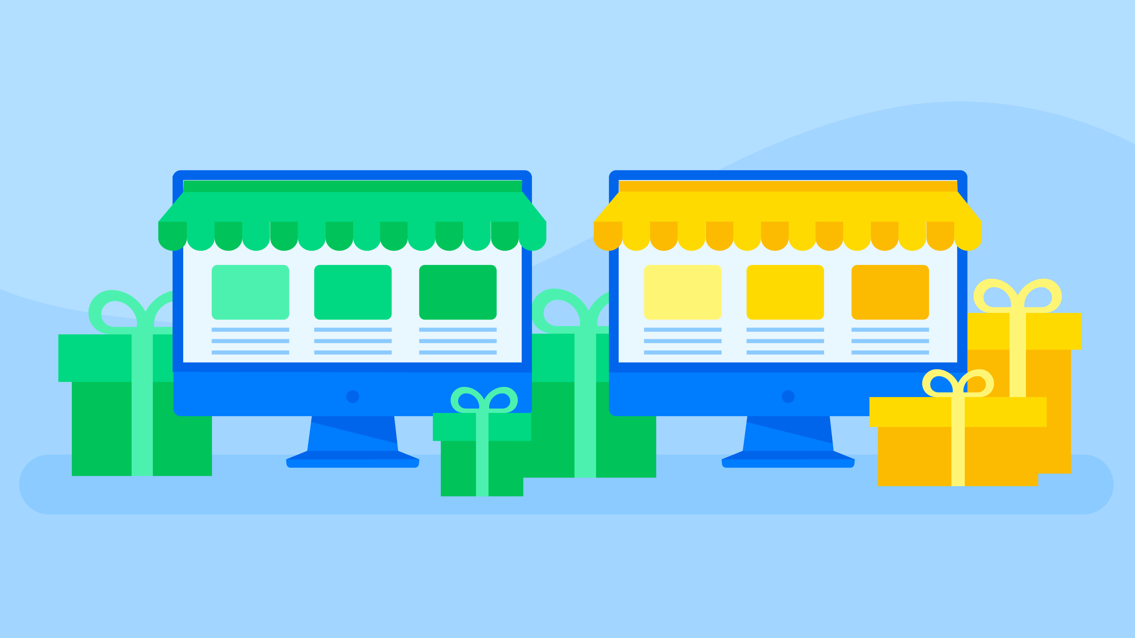 Illustrated graphic of two screens with ecommerce websites loaded on them, surrounded by presents, depicting holiday ecommerce trends