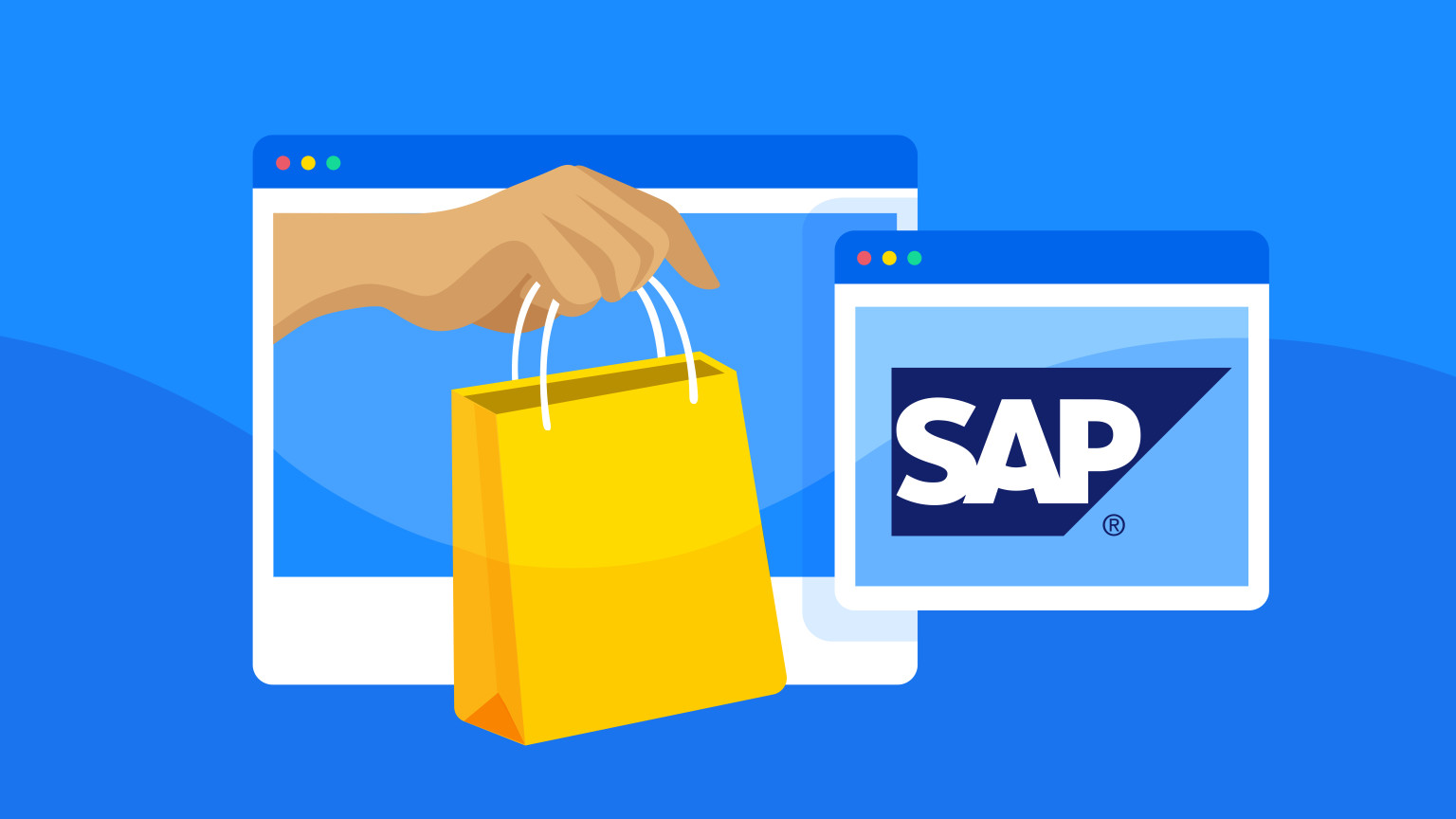 Illustration of a hand holding a shopping bag, with a SAP logo next to it, symbolizing seamless ecommerce