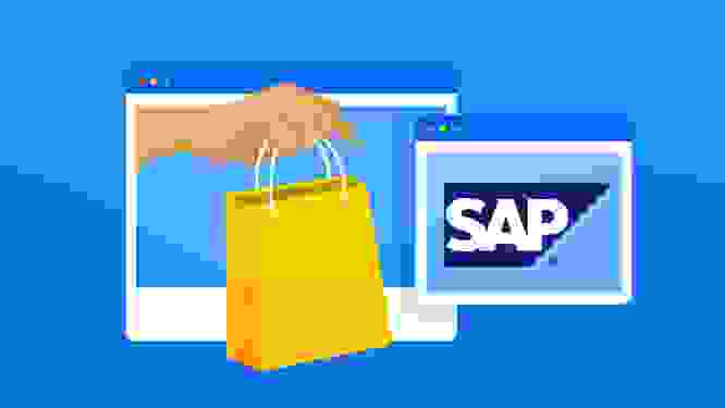 Illustration of a hand holding a shopping bag, with a SAP logo next to it, symbolizing seamless ecommerce