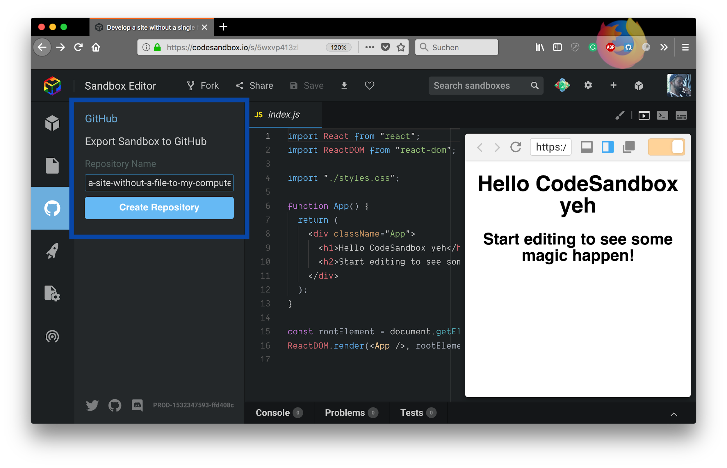 GitHub integration in CodeSandbox