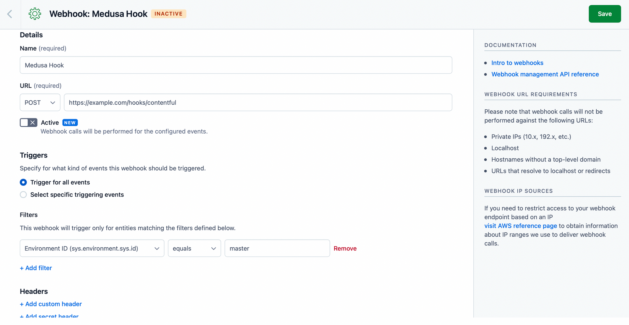 In the URL field, choose the method POST and in the input next to it enter the URL <YOUR_SERVER_URL>/hooks/contentful where <YOUR_SERVER_URL> is the URL of your server.
