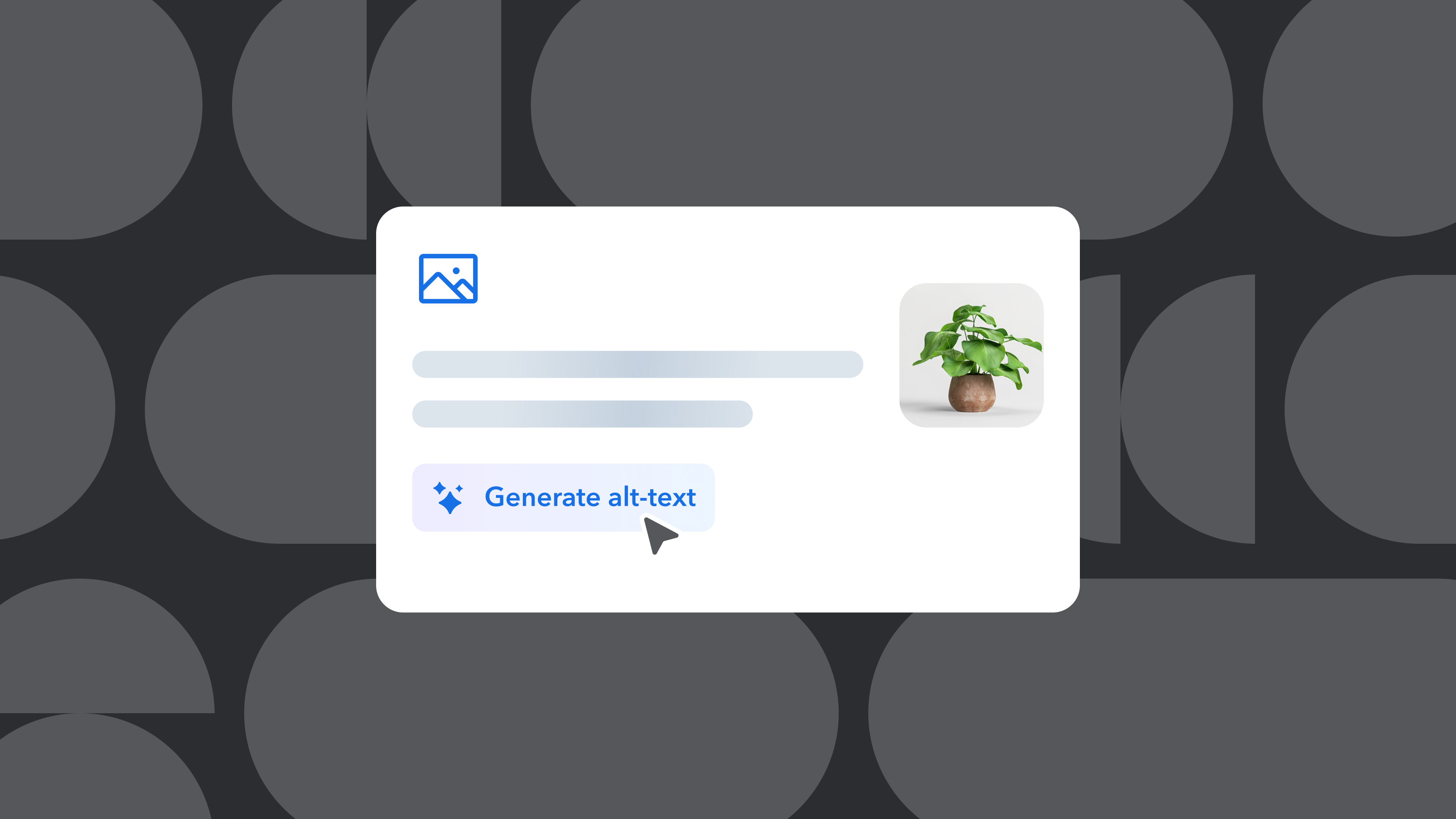 A white content card showing a placeholder image icon, text fields, and a "Generate alt-text" button with cursor hovering over it