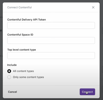 Then, enter your Contentful Content Delivery API token, the Space ID you want to connect, and the top-level content type you want Ada to use for resolving queries. 
