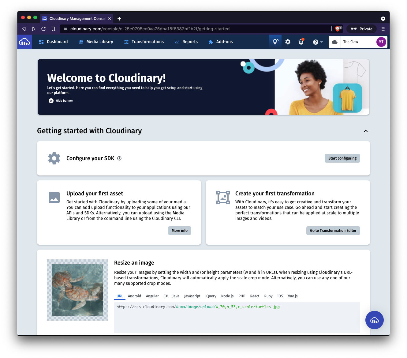 Screenshot of the Cloudinary welcome page