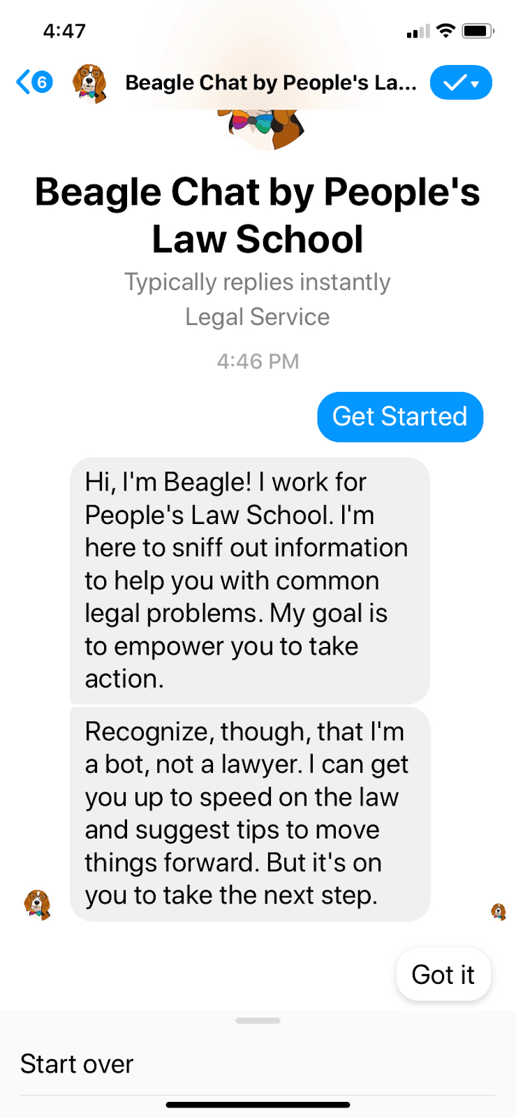 Screenshot of a messenger chat with the beagle chatbot 