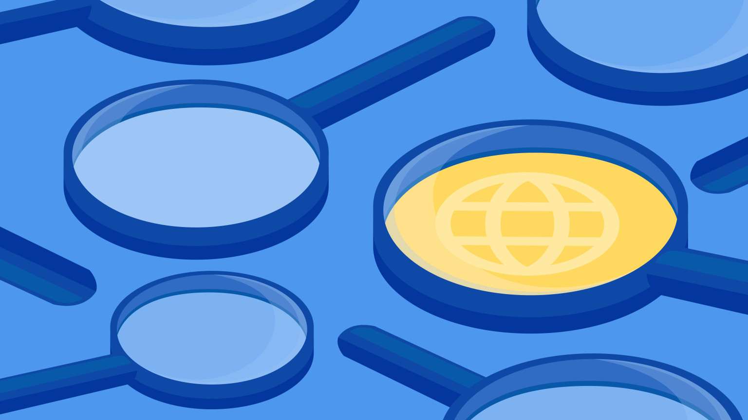 Illustration of magnifying glasses, with one being yellow with the worldwideweb logo inside it, representing SEO practices that make it easy to be found.