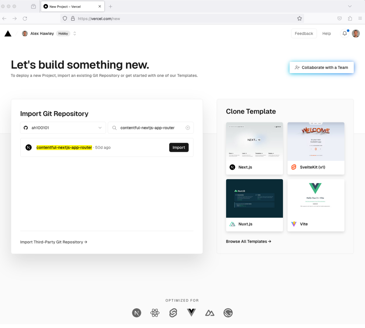 Sign up or login to your Vercel account and import your project using the import flow and click Import.