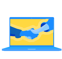 Visual of a handshake on a laptop screen.