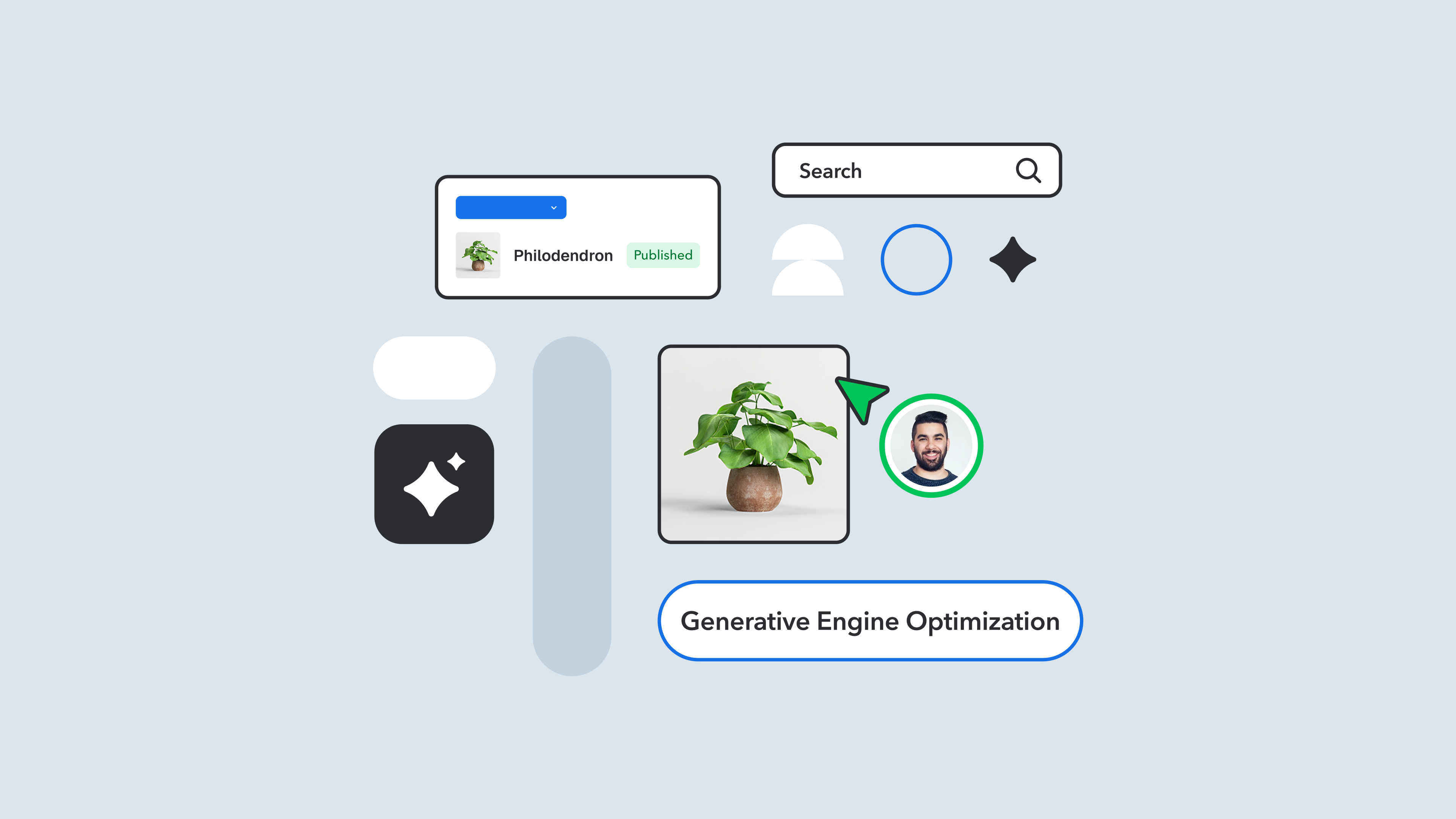 A website interface showing a search bar, philodendron plant image, profile photo, navigation controls, and "Generative Engine Optimization" text