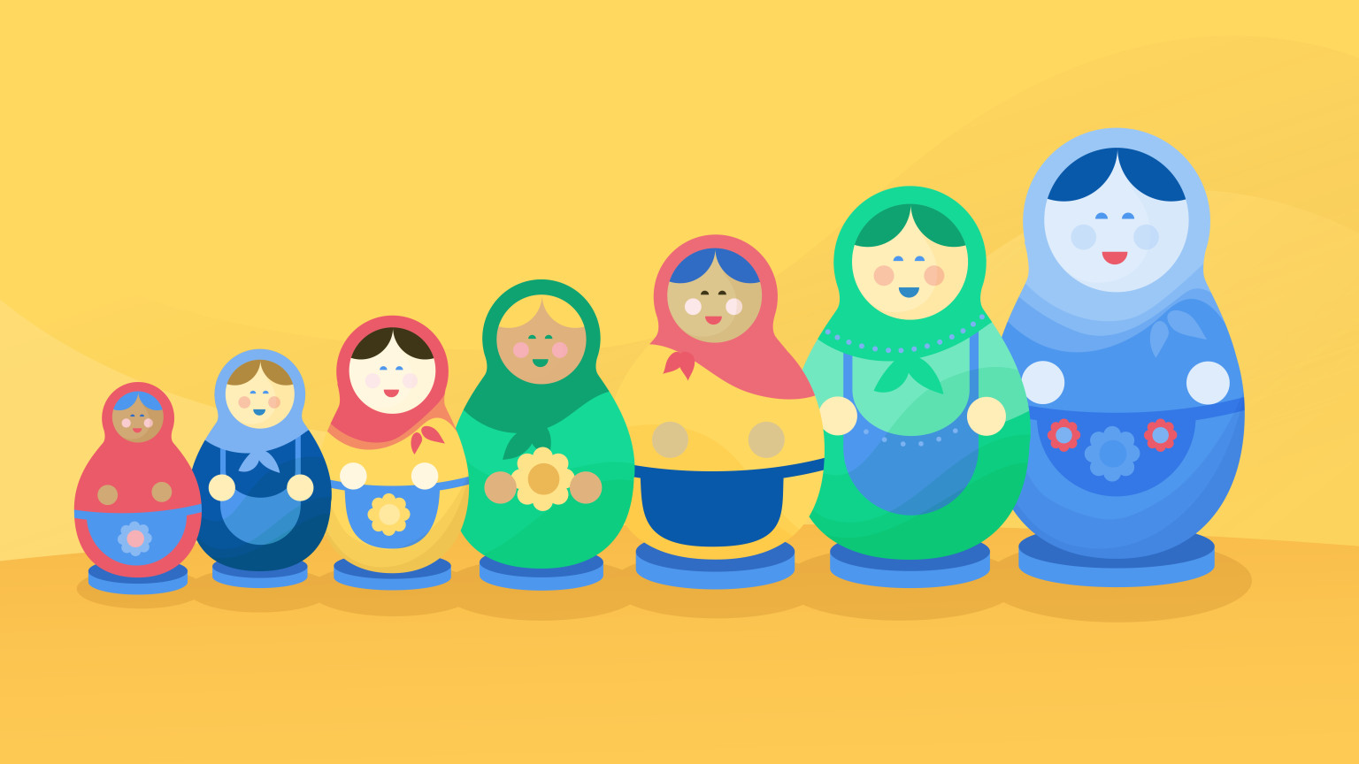 Illustrated image of seven Russian dolls standing next to each other, representing technology scalability