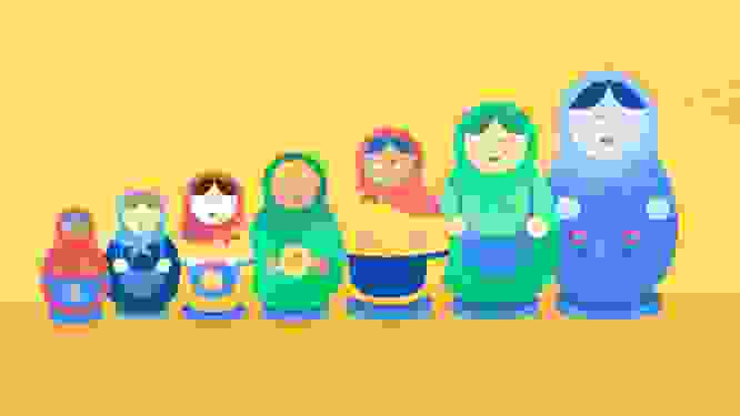 Illustrated image of seven Russian dolls standing next to each other, representing technology scalability