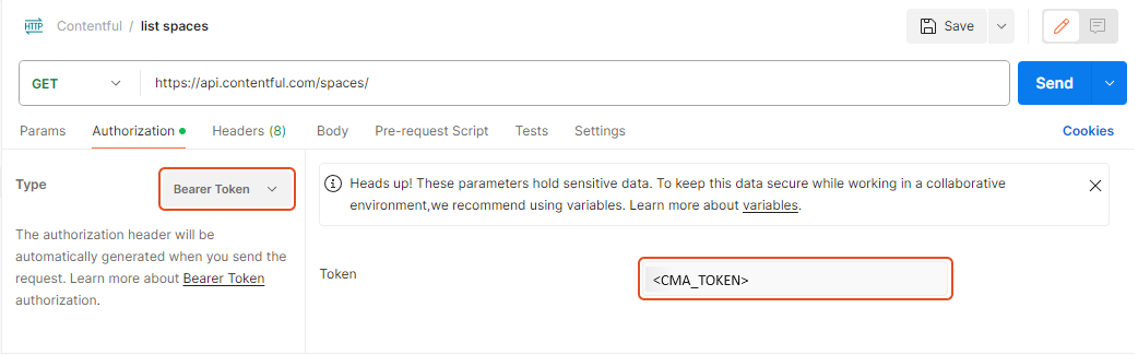 Screenshot showing how to add a Bearer Token in Postman. The “Authorization” tab is selected and the “Type” drop down box has “Bearer Token” selected.