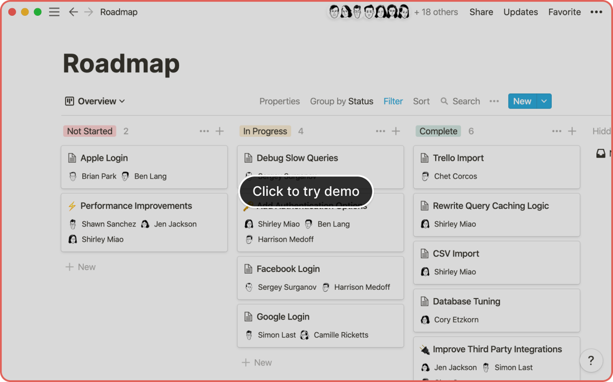 Screenshot of Notion's sharing client app and marketing code that enabled an embedded live product demo. The screenshot shows the live app demo popup.