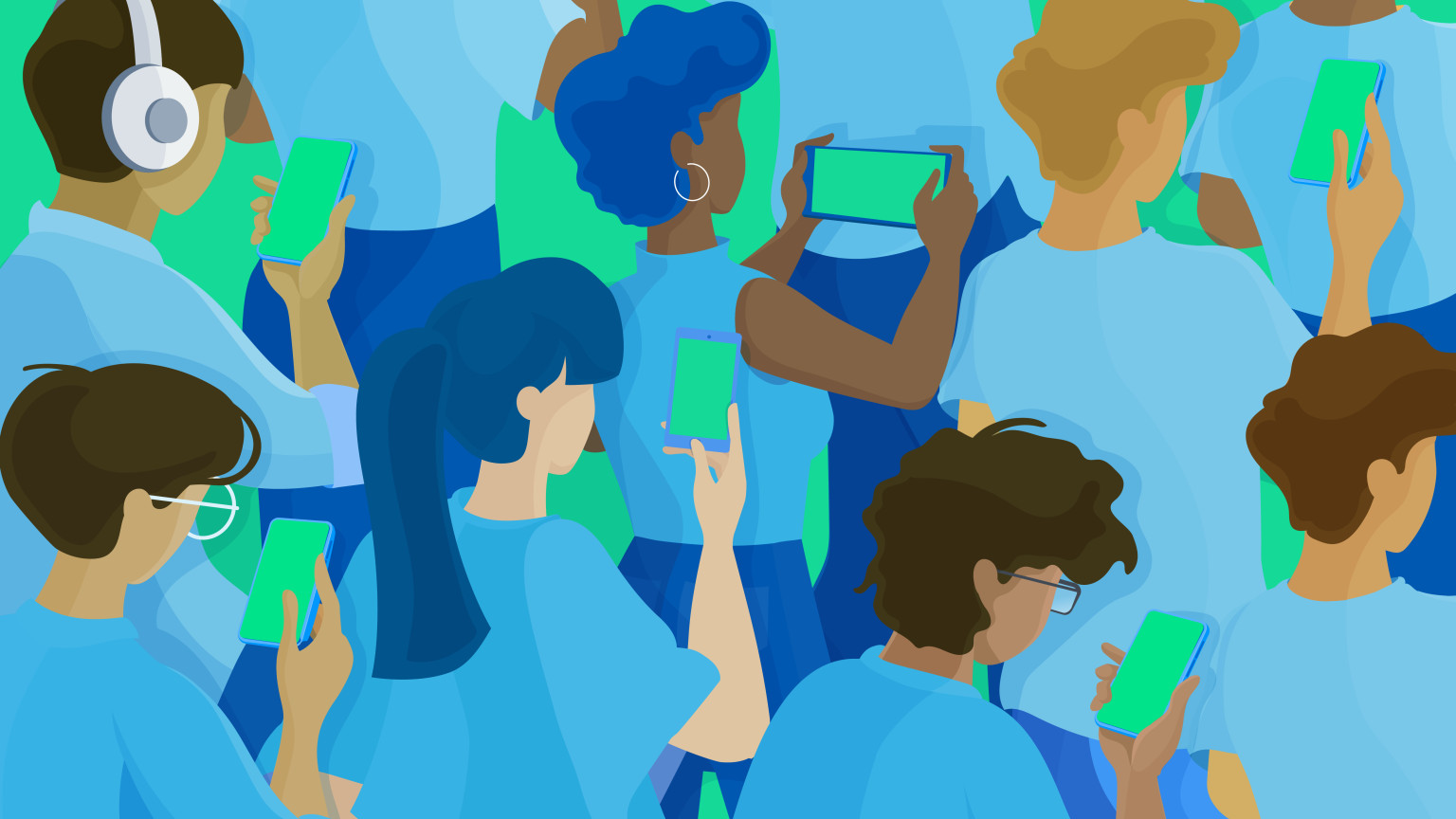 Illustration of a crowd of individuals looking at their device screens, the author is contemplating whether this is the future of technology