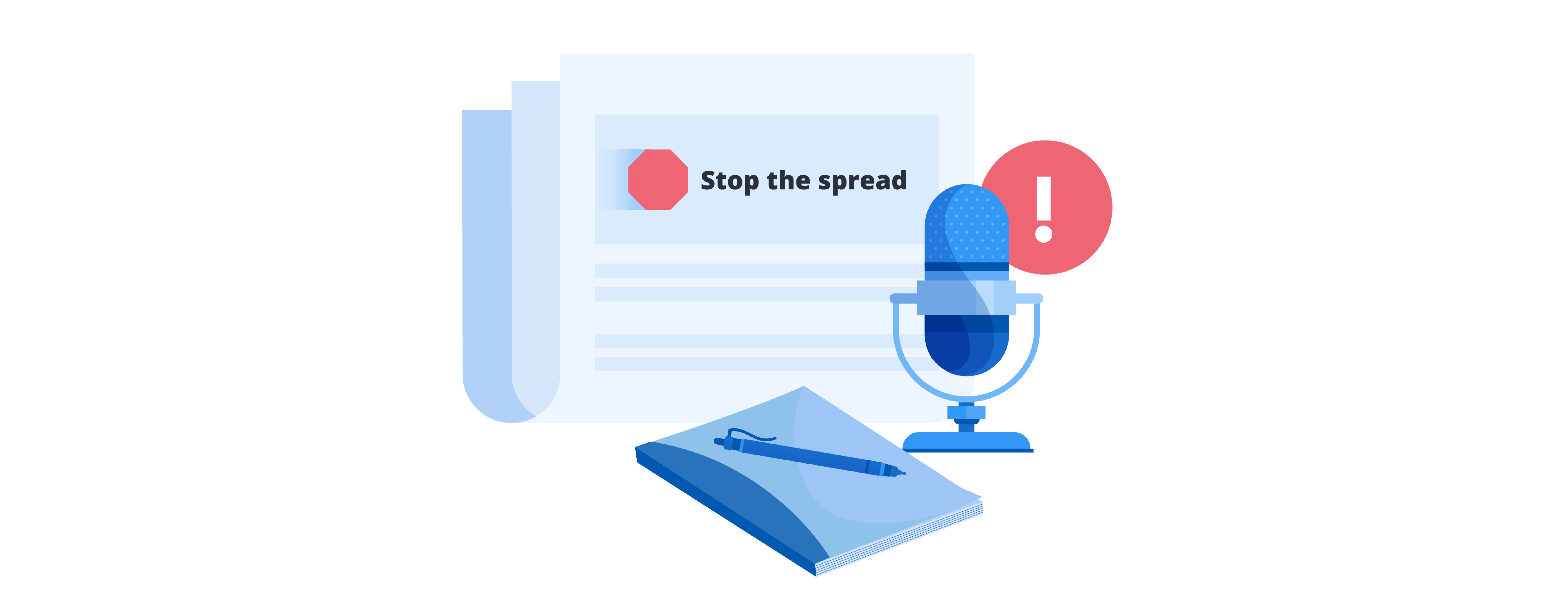 Illustrated icon of the stop the spread program with a microhpone, notepad and a newspaper