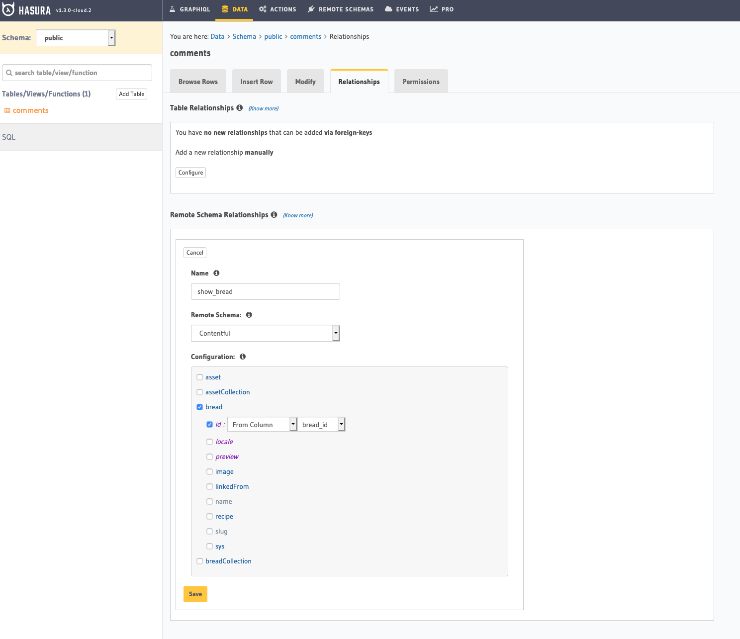  Create a remote relationship by mapping the ID of the bread content type to the newly created bread_id column in Hasura