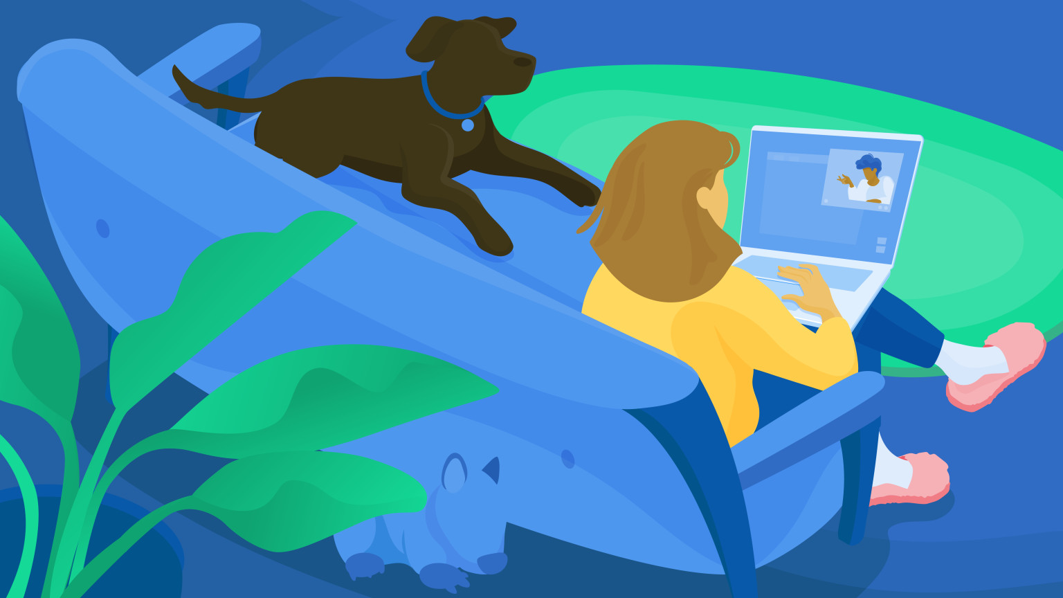 Illustration of a woman working from home with her dog sitting on the couch with her
